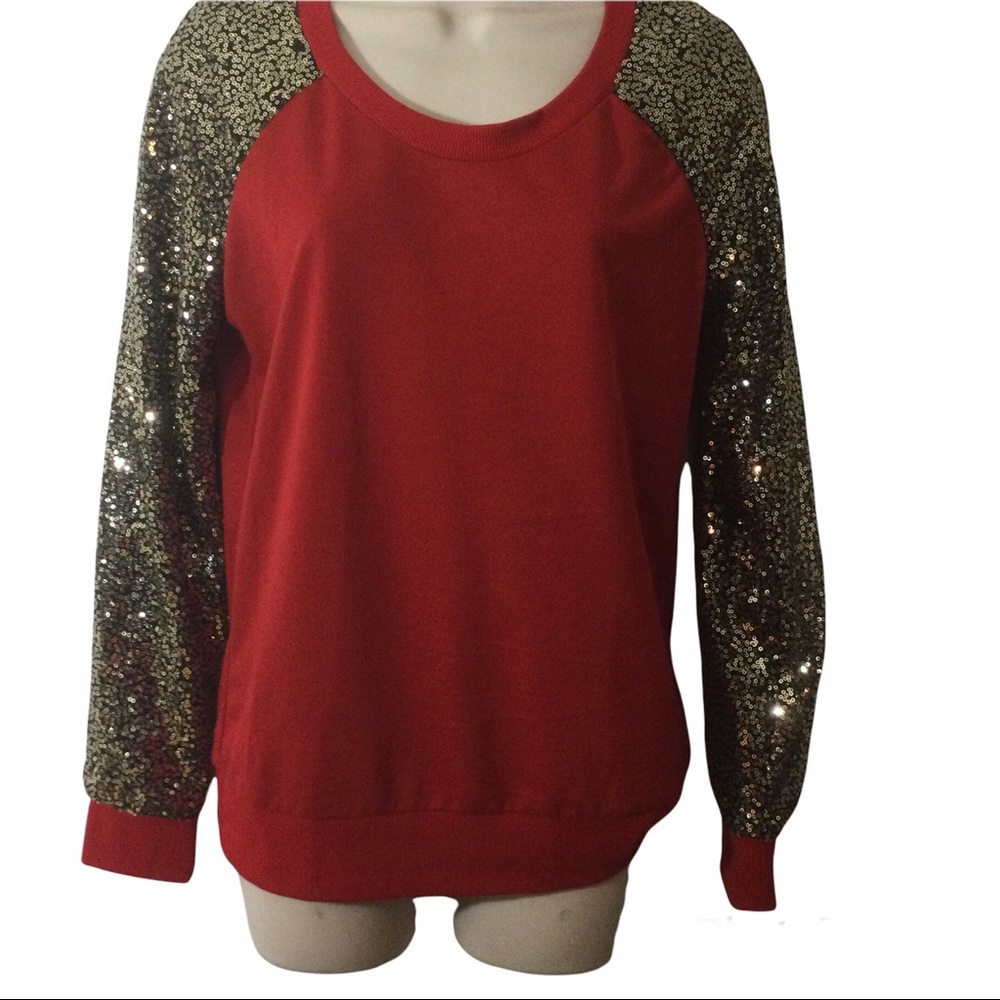 Xtaren Red Crewneck Gold Sequins on Black Sleeves Sz S XC